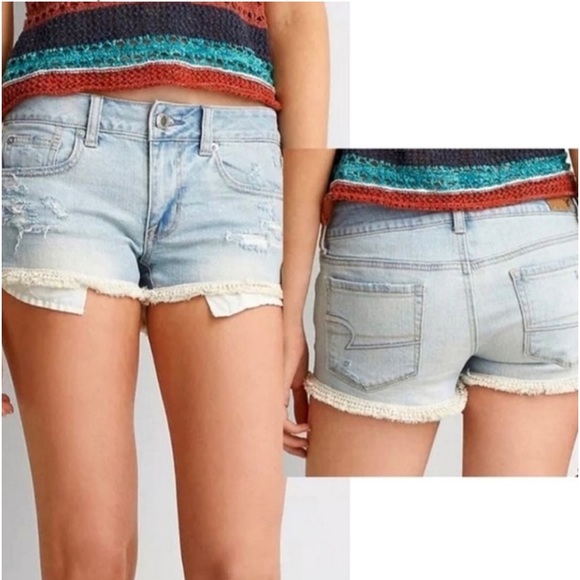 American Eagle Outfitters Pom Fringe Shortie Shorts Blue Size 8 - Picture 2 of 7